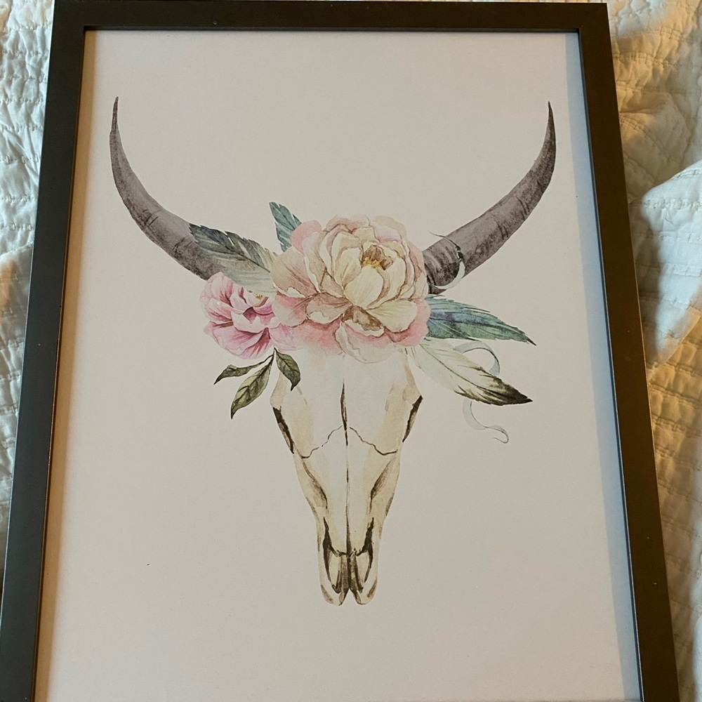 Floral Bull Skull Framed Picture